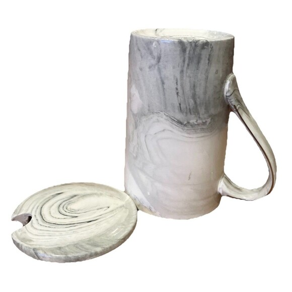 'Mens" Coffee Grey Swirl Ceramic Mug With cover And Gold Colored, HandMade !!! - Picture 13 of 16